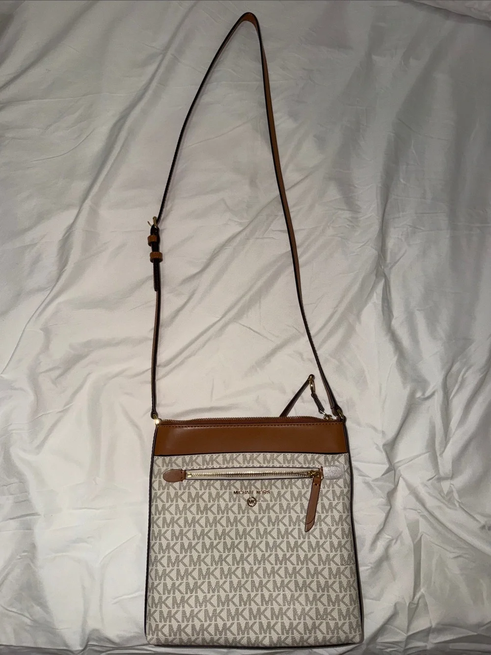 Michael Kors White and Brown Logo Messenger Bag